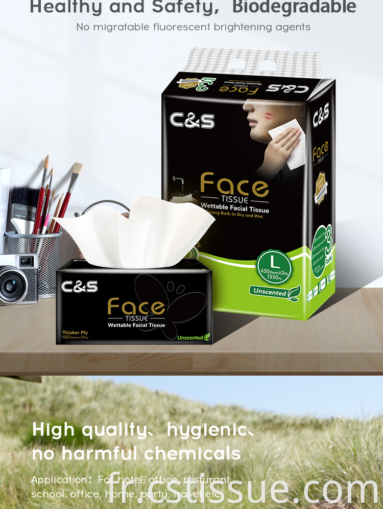 Emballage doux jetable Absorption d'eau forte en bois vierge en bois 3 pli tissu facial